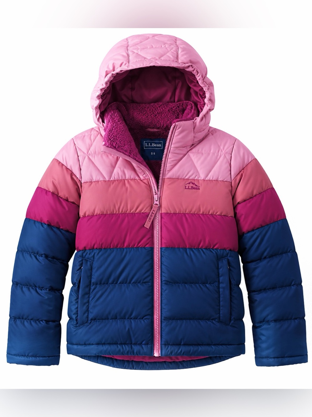 L.L. Bean Kids' Bean’s Down Jacket, Colorblock | Mauve Berry | Size M (10-12)